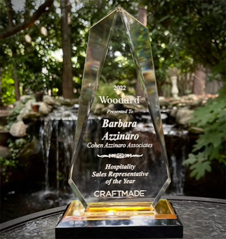Close-up of 2022 Woodard hospitality sales rep of the year award